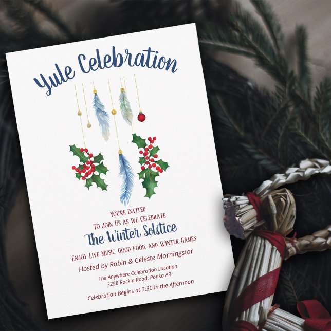 Convite Penas Boho de Yule Floral de Inverno Solstício (Criador carregado)