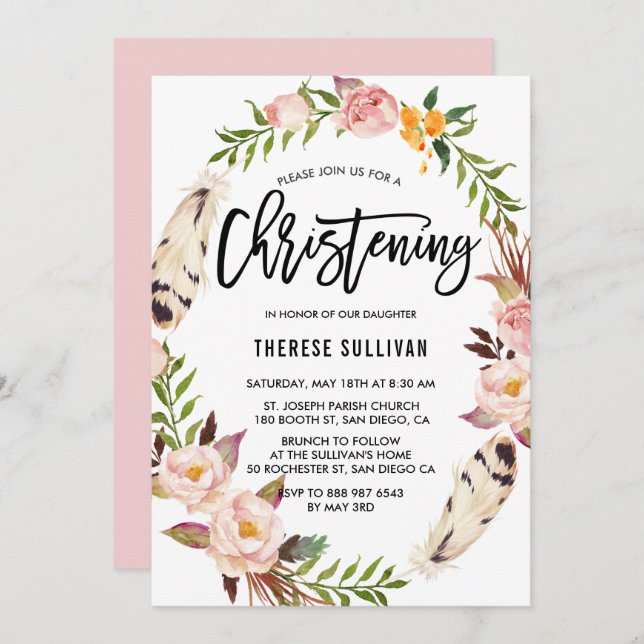 Convite Penas da Boêmia e Floral Wreath Rosa Christening (Frente/Verso)