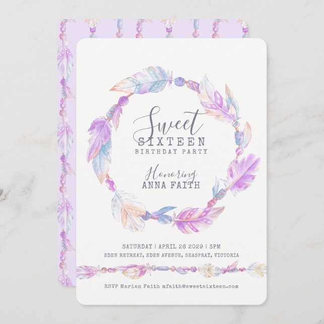 Convite Penas de água púrpura doce dezesseis (Frente/Verso)