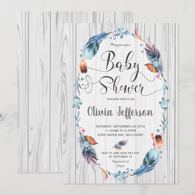 Convite Penas de Chá Russo Boho Baby Boy (Frente/Verso)