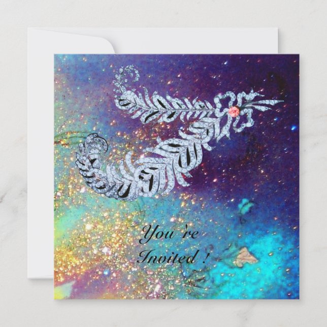 Convite PENAS DE DIAMANTE, brilho dourado turquesa azul (Frente)