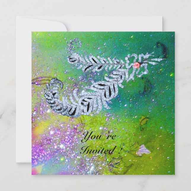 Convite PENAS DE DIAMANTE, brilho verde roxo dourado (Frente)