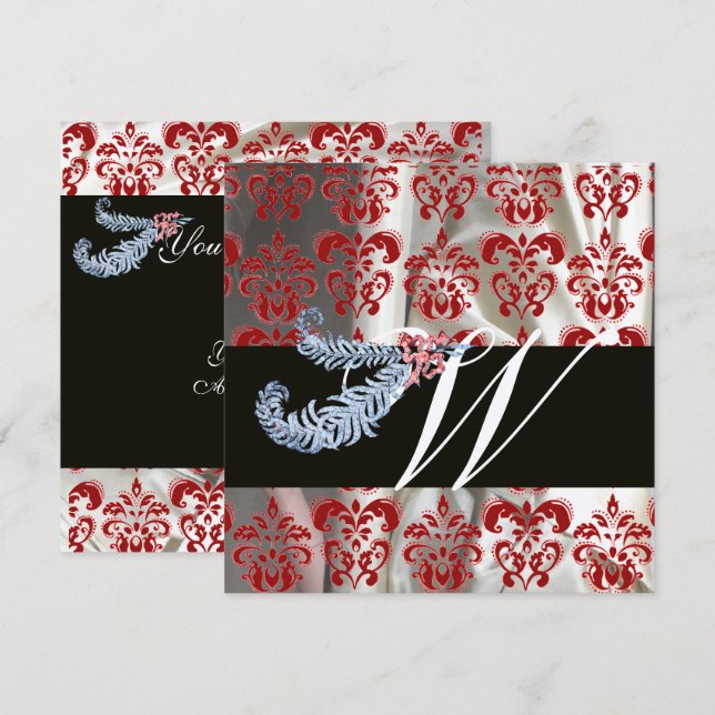 CONVITE PENAS DE DIAMANTE DAMASCO DE SEDA VERMELHA PRATA M (Frente/Verso)