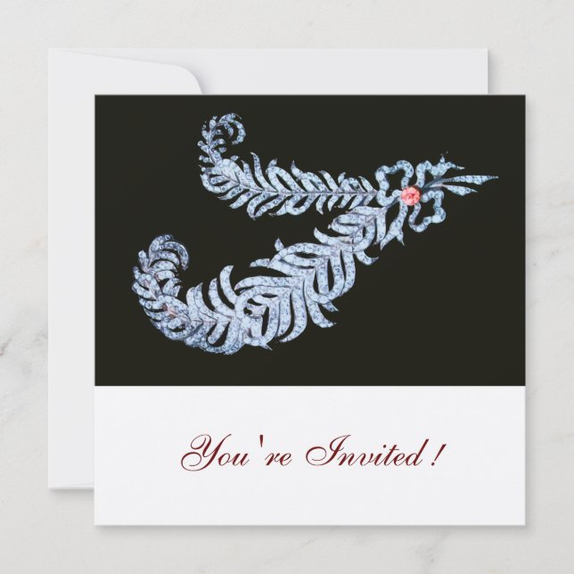 Convite PENAS DE DIAMANTE, FITA ROSA Casamento Preto Branc (Frente)