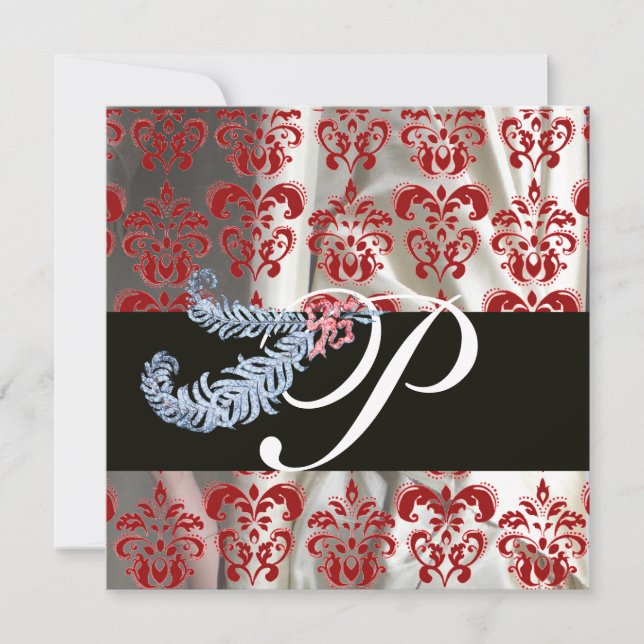 CONVITE PENAS DE DIAMANTE VERMELHO BRANCO DAMASCO MONOGRAM (Frente)
