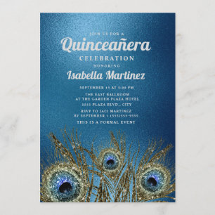 Convite Penas de Pavão Azul Brilhante Dourado Quinceañera