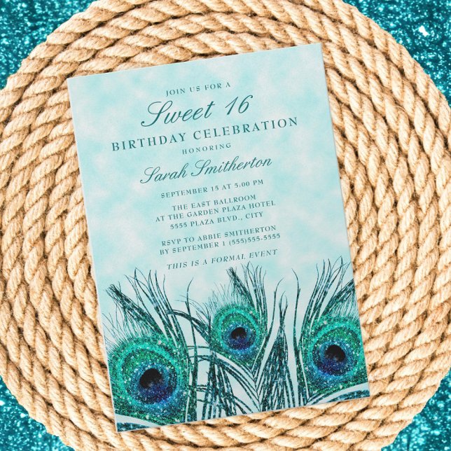 Convite Penas de Pavão Azul-Teal Doce 16 (Teal peacock feathers Sweet 16 birthday invitation)