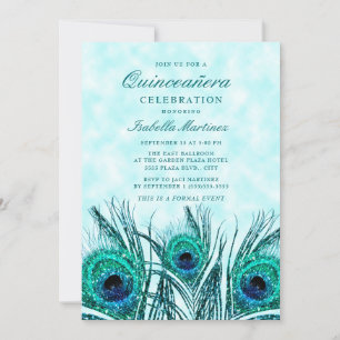 Convite Penas de Pavão Azul-Teal Quinceañera
