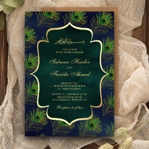 Convite Penas de Pavão Azul Verde Casamento Muçulmano