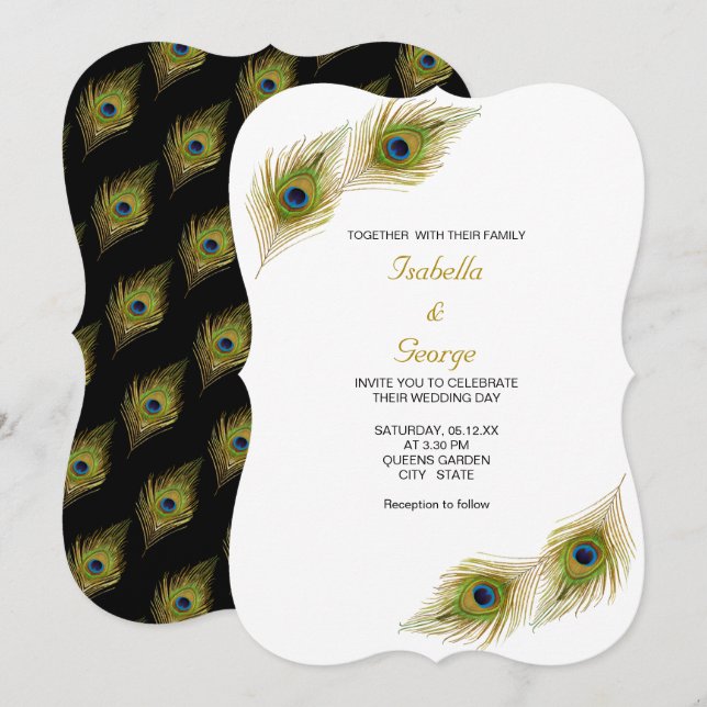 Convite Penas de Pavão Chic em Casamento Preto e Branco (Frente/Verso)