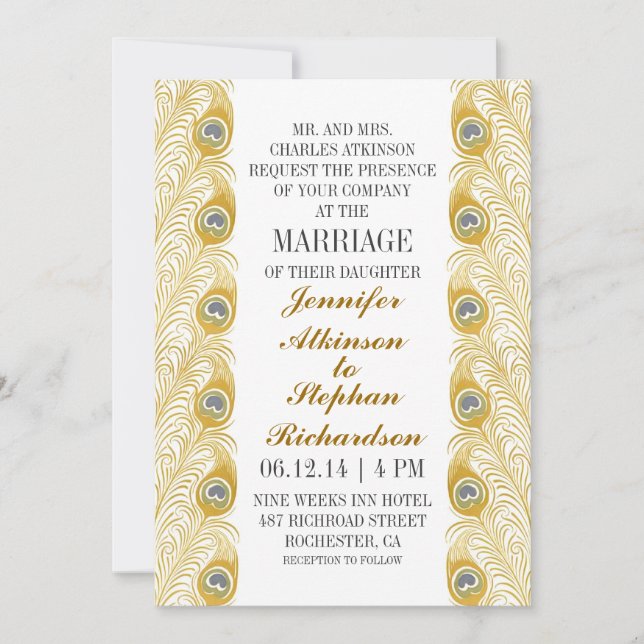 Convite penas de pavão clássicas de casamento branco (Frente)