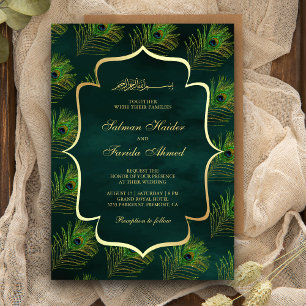 Convite Penas de Pavão Verde Esmeralda Casamento Muçulmano