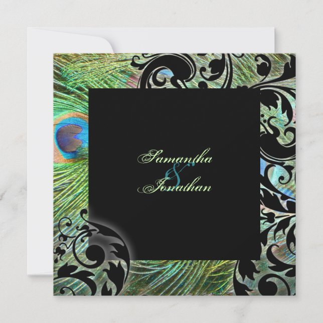 Convite Penas de Pavões Verde-Teal de Casamento (Frente)