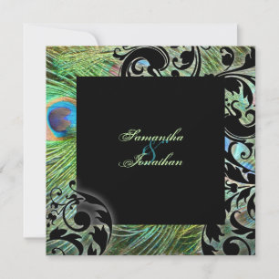 Convite Penas de Pavões Verde-Teal de Casamento