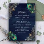 Convite Penas de Peacock Código Marinho Código Azul Muçulm<br><div class="desc">Encontrem seus convidados com este elegante,  tudo em um convite de casamento islâmico com belas penas de pavão e um lugar intrincado com o Código QR para RSVP online. Basta adicionar os detalhes do seu evento neste modelo fácil de usar para torná-lo um convite de tipo único.</div>
