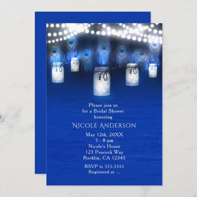 Convite Penas de Peacock, Mason Jar & String Lights Russo (Frente/Verso)