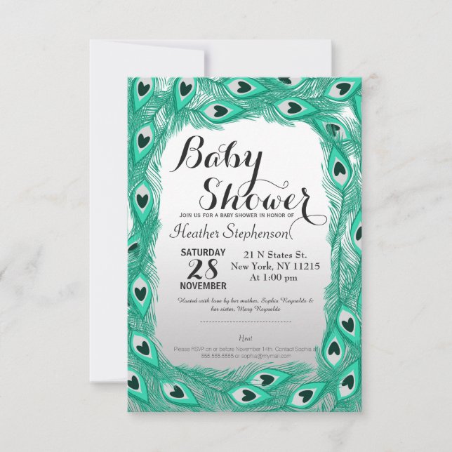 Convite Penas de Peacock Teais em Branco para Gradiente de (Frente)