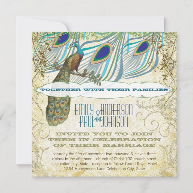 Convite Penas de Peacock Vintage 3 com Peacock (Frente)