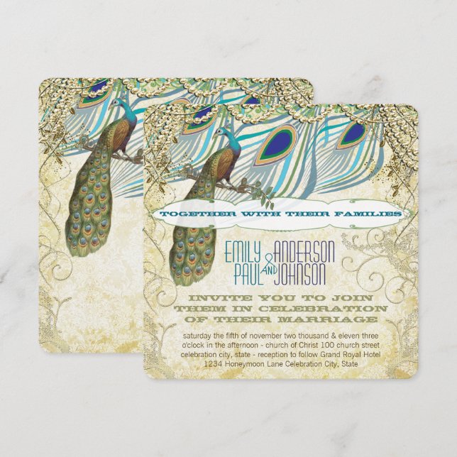 Convite Penas de Peacock Vintage 3 com Peacock (Frente/Verso)