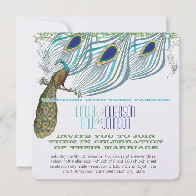 Convite Penas de Peacock Vintage 3 com Peacock (Frente)