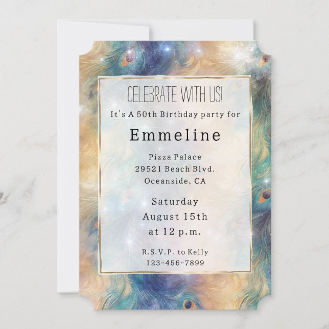 Convite Penas Douradas de Pavão Azul Aqua 50º Aniversário (Frente)