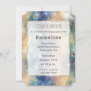 Convite Penas Douradas de Pavão Azul Aqua 50º Aniversário