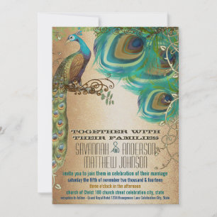 Convite Penas Douradas de Peacock de Cobre de ouro