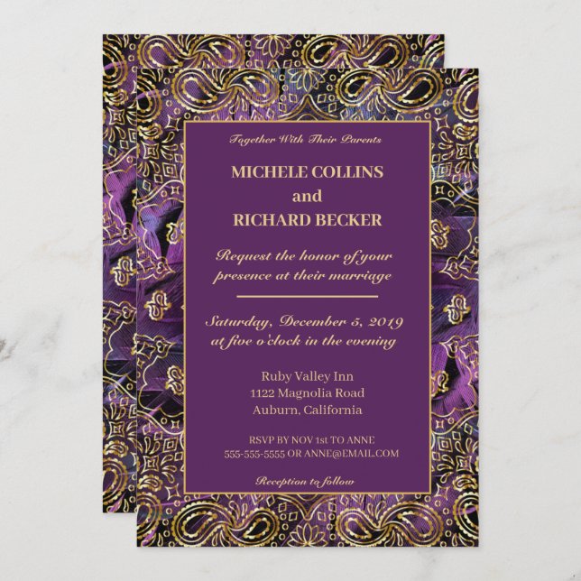 Convite Penas Douradas e Elegantes (Frente/Verso)