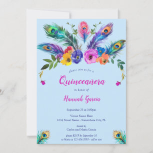Convite Penas e flores de peacock Baby Blue Quinceañera