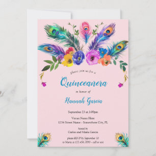 Convite Penas e flores de peacock esmagam quinceñera rosa