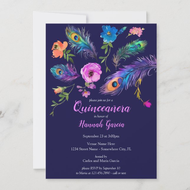 Convite Penas e flores de peacock Partido Quinceañera (Frente)