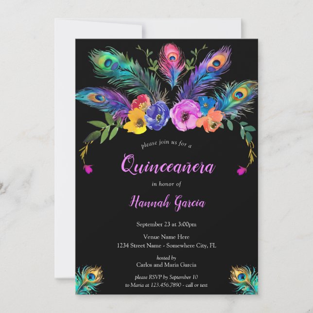 Convite Penas e flores de peacock Quinceañera negra (Frente)
