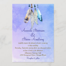 Convite Penas em Aquarela em Casamento Roxo Azulado