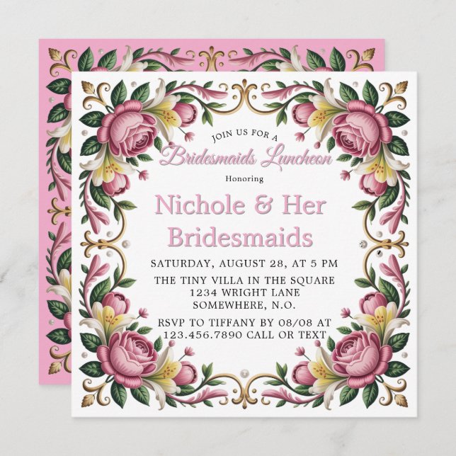 Convite Penas Rosa Rococo Frame Bridesmaids Luncheies (Frente/Verso)