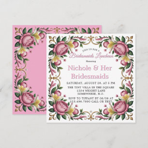 Convite Penas Rosa Rococo Frame Bridesmaids Luncheies