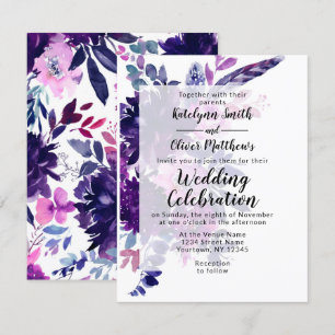 Convite Penas roxas violetas florais Enchanted que Wedding