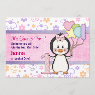 Convite Penguin Cutie- Rapariga Primeiro Aniversário