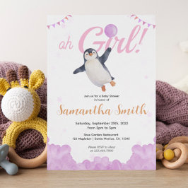 Convite Penguin Girl Pink Baloon Cloud Sky Baby Shower 