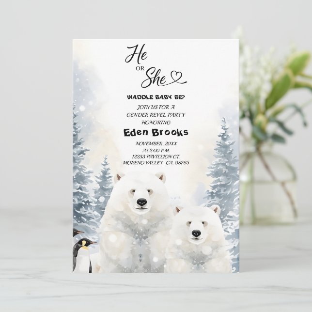 Convite Penguin He or She Evergreen Winter Gender Reveal  (Em pé/Frente)