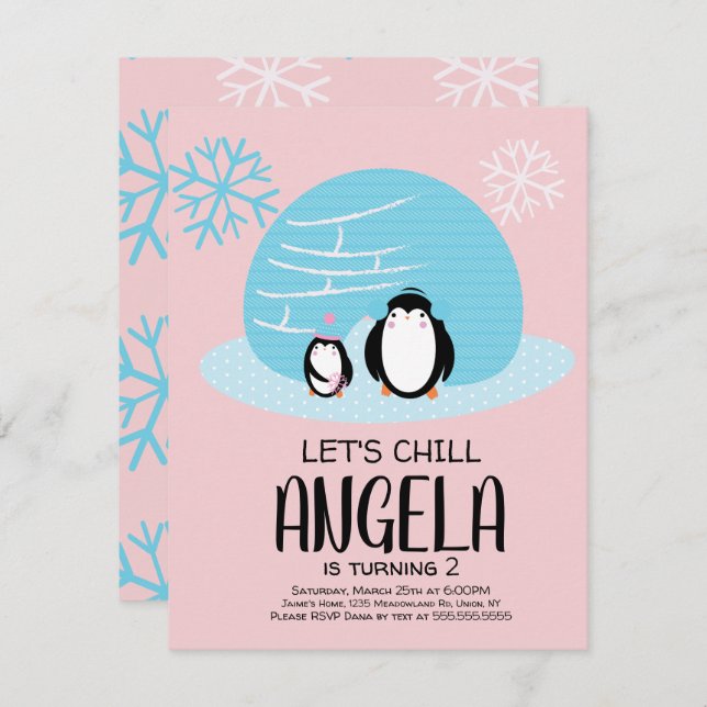 Convite Penguin Igloo Snowflakes Aniversário de inverno (Frente/Verso)
