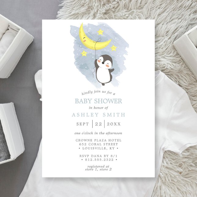 Convite Penguin Moon Winter Aguarela Chá de Bebê (Criador carregado)