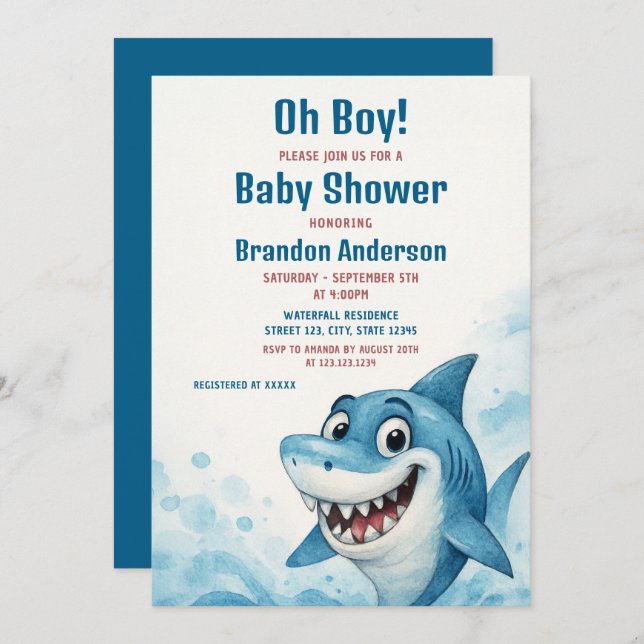 Convite Pensava-se que o Chá de fraldas de Tubarão Azul so (Frente/Verso)