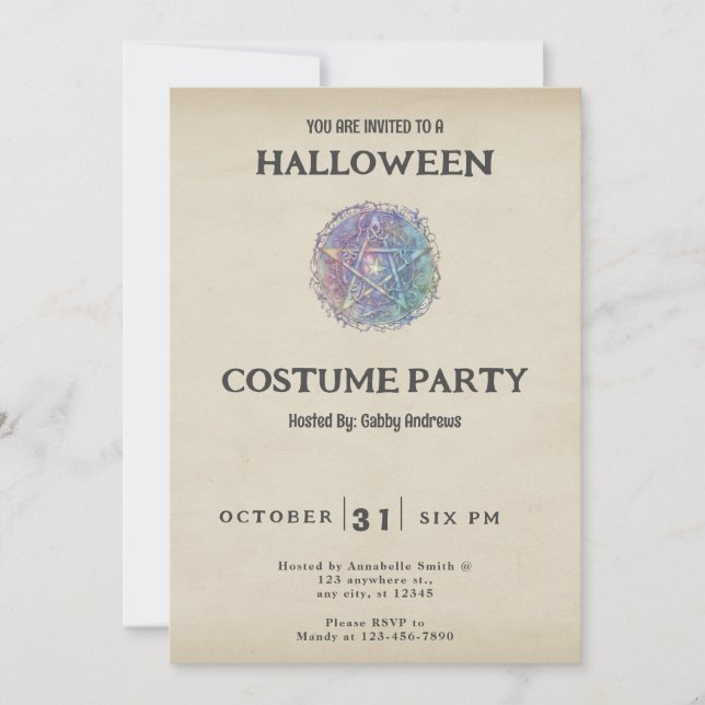 Convite Pentagrama azul e verde Vintage Halloween (Frente)