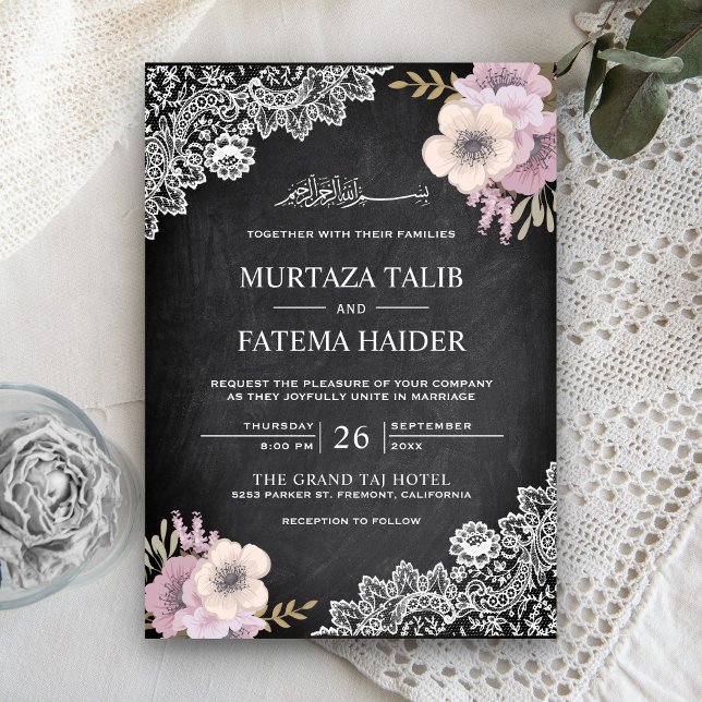 Convite Penteado Floral Rosa com Renda em Quadro Negro Cas (Criador carregado)
