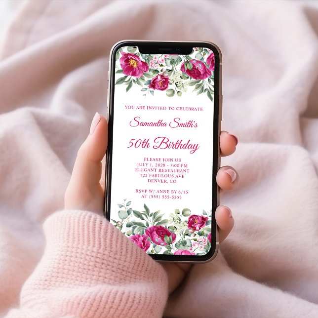 Convite Peões de Aquarela Rosa Quente 50º Aniversário (Hot Pink Watercolor Peonies 50th Birthday Invitation)