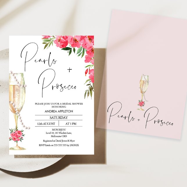 Convite Peões de Vidro Moderno Pérolas Chá de panela Prose (Modern Red Floral Pearls and Prosecco Bridal Shower Invitation, Champagne Glass and Pearls Bridal)