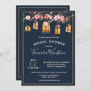 Convite Peões Elegantes Lanternas Rústicas Marinho Coral F