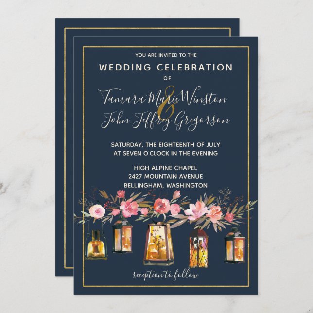 Convite Peões Elegantes Lanternas Rústicas Marinho Coral F (Frente/Verso)