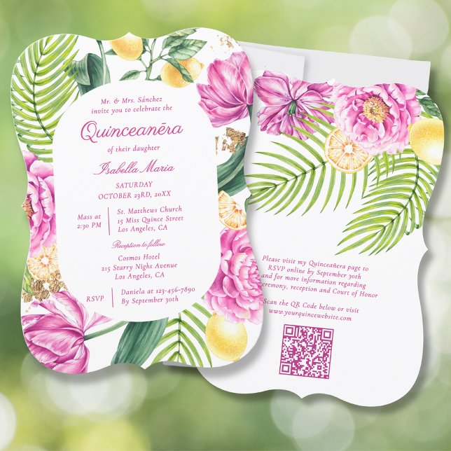 Convite Peões Florais De Aquarelas Código QR Quinceañera (Criador carregado)