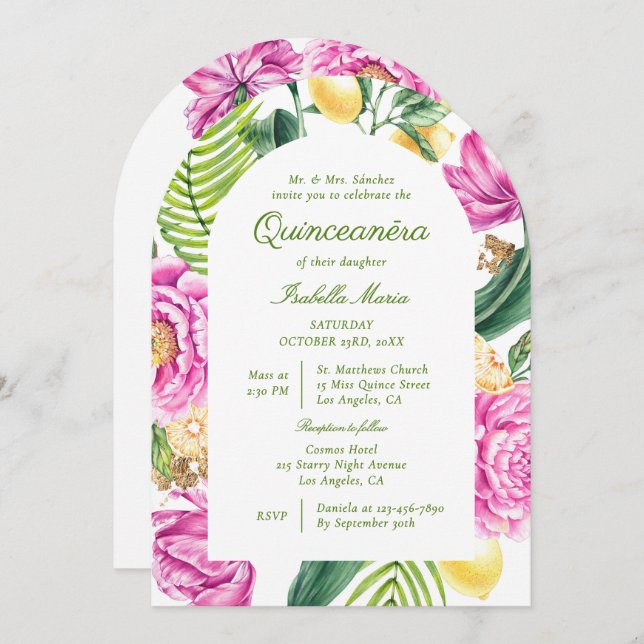 Convite Peões Florais De Aquarelas Código QR Quinceañera (Frente/Verso)